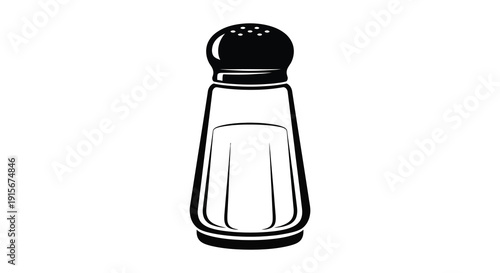 A simple black and white line art illustration depicts a classic glass salt shaker with a perforated lid