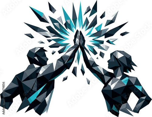 Low-poly vector illustration of a team breaking through and completing the high five, explosive central impact where hands meet,