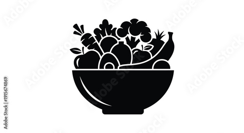 A simple black and white illustration depicts a bowl overflowing with various fruits and leafy greens high quality