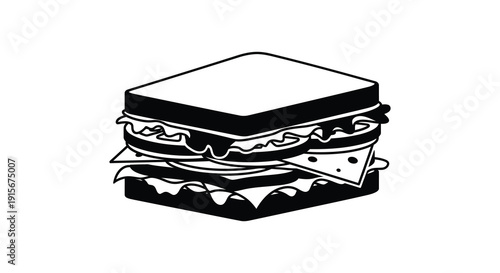 A simple black and white illustration depicts a stacked sandwich showcasing its layers of bread fillings and textures high quality