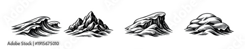 Landscape elements flat vector icons set: mountain, wave, cliff illustrations