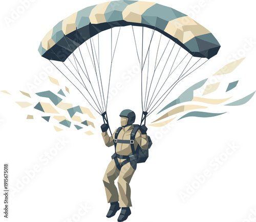 Low-poly vector illustration of a parachutist descending calmly toward landing, body upright with relaxed angular posture and