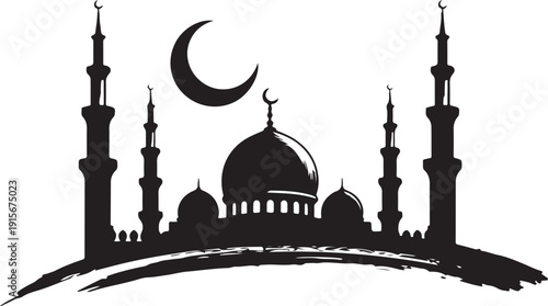 Ramadan Kareem Islamic Silhouette Icon Set – Mosque Crescent Moon Prayer Muslim Religious Vector Collection