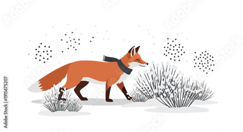 Charming Fox Wearing A Scarf In A Winter Wonderland Illustration