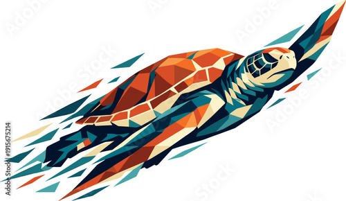 Low-poly vector illustration of a sea turtle initiating a strong swim sweep, explosive forward motion with elongated angular