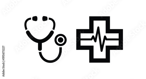 Medical symbols depicting a stethoscope and a plus sign with ecg line