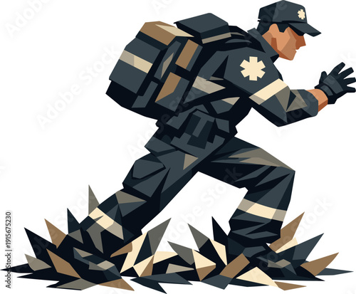 Low-poly vector illustration of a paramedic encountering resistance mid-run, body twisted slightly with visible angular strain