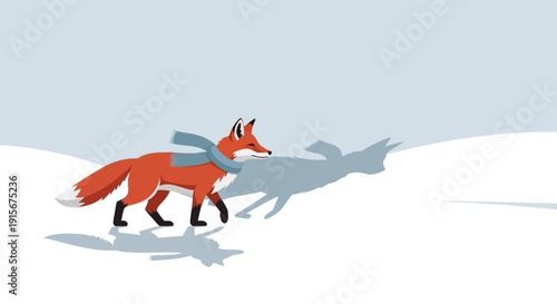 Charming Fox Wearing Scarf Trotting Through Snowy Landscape With Shadow