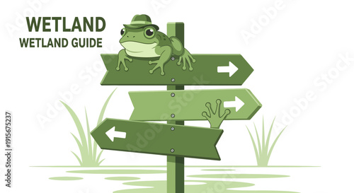 Charming Frog On Directional Signpost In A Lush Wetland Environment