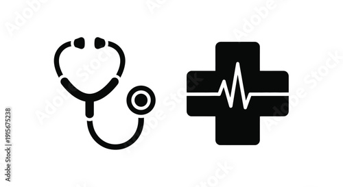 Medical icons depicting a stethoscope plus sign and heart rate waveform