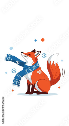 Charming Foxy Friend Adorned With a Cozy Winter Scarf Amongst Falling Snowflakes
