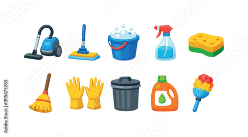 Household cleaning tools icon set. Flat collection of cleaning equipment and supplies