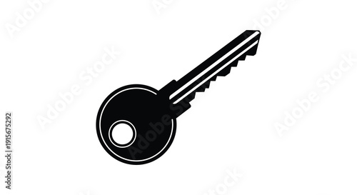 A simple black and white illustration depicts a standard metal key showcasing its distinct head and jagged blade