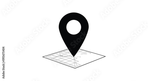 A simple black and white illustration depicts a location pin marker positioned on a gridded map surface high quality professional