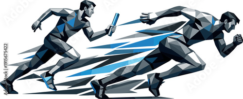 Low-poly vector illustration of relay runners setting up for a baton pass, outgoing runner accelerating with angular forward lean