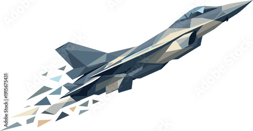 Low-poly vector illustration of a jet climbing confidently after takeoff, wings stabilized in smooth angular ascent and fuselage
