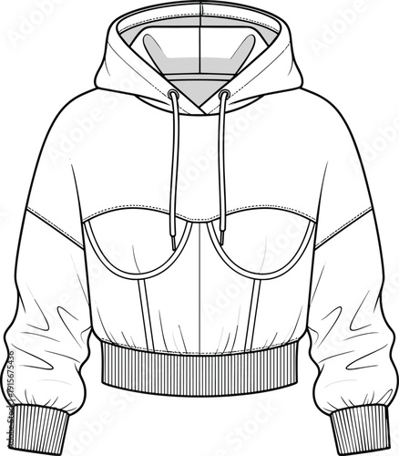Technical flat fashion sketch of women cropped corset hoodie with underwire bustier detail, cad drawing flat vector illustration, apparel template.