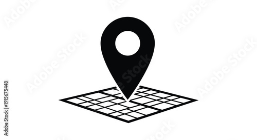 A simple black and white graphic depicts a location pin resting on a grid patterned map surface high quality