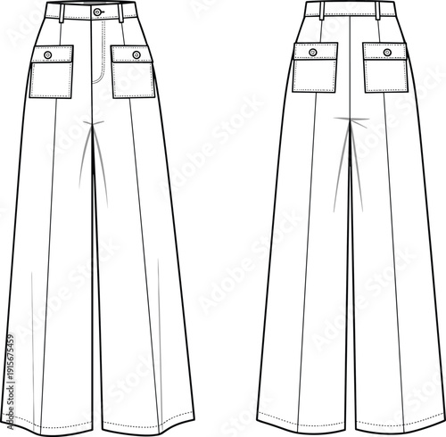 Technical flat fashion sketch of women wide leg trousers with flap pockets, high waist pants, cad drawing flat vector illustration.