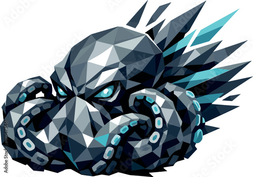 Low-poly vector illustration of an octopus preparing to release ink, compact angular posture with tentacles curling inward