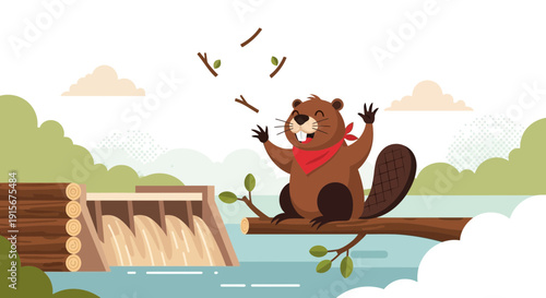 Cheerful Beaver Building Dam With Branches Surrounded By Nature