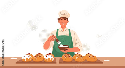 Cheerful Baker Frosting Pastries With Deliciousness And Ready To Serve Fresh Treats