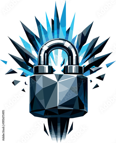 Low-poly vector illustration of a lock completing the snap closure, shackle fully engaged with a powerful geometric burst