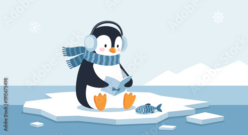 Charming Penguin Enjoys Reading Amidst Icy Surroundings And The Presence Of Fish