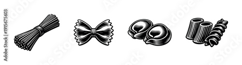 Pasta flat vector icons set. spaghetti, ravioli, bow tie, rigatoni graphics collection