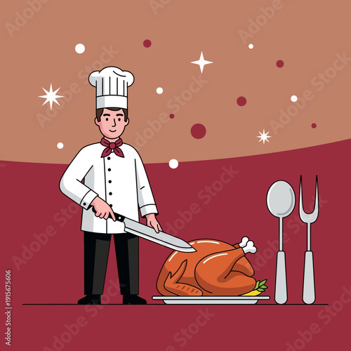 Chef Carving Roasted Turkey For Festive Holiday Meal Preparation