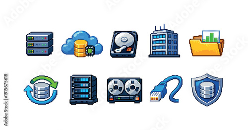 Data storage flat icon set: database, cloud, server, backup, security symbols