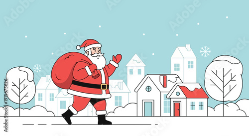 Charming Santa Claus Walks Through Snowy Village With Gift Bag