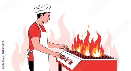 Chef Cooking Delicious Food On A Fiery Barbecue Grill Illustration