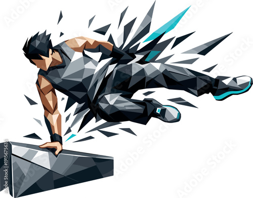 Low-poly vector illustration of a parkour athlete clearing the wall in a breakthrough vault moment, perfectly aligned angular