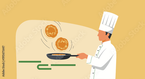 Chef Flipping Pancakes in a Pan Creates Delicious Breakfast Artistry