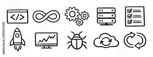 Doodle icons for software development, DevOps, continuous integration, debugging, and project management.