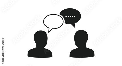 A minimalist black and white depiction shows two silhouetted figures engaged in conversation indicated by speech bubbles