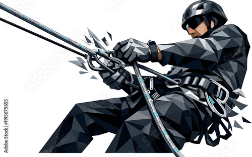 Low-poly vector illustration of a climber preparing a rope rescue, angular stance anchored low with knees bent and torso leaning
