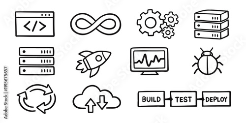 Hand-drawn DevOps pipeline and software development icons including build, test, deploy, and debugging.