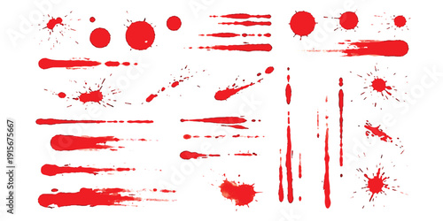 A collection of red blood splatters, drips, and smears on a white background, useful for horror and crime scene graphics.