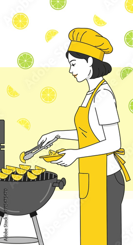 Chef Grilling Citrus Slices With Lemon And Lime Art Style