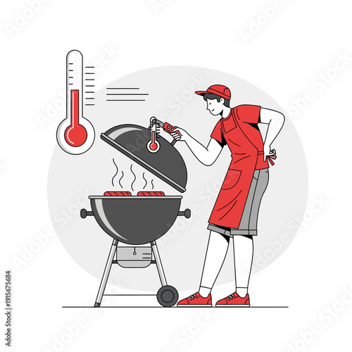 Chef Grilling Sausages on Barbecue with Thermometer Checking Heat Outdoors