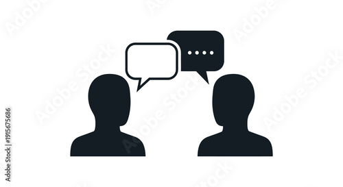 A minimalist depiction shows two silhouetted figures engaged in conversation represented by speech bubbles high quality professional detailed