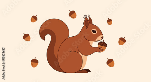 Charming Squirrel And Acorns Illustration Autumn Forest Life