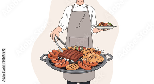 Chef Prepares a Sumptuous Barbecue Feast Featuring Grilled Meats and Side Dishes