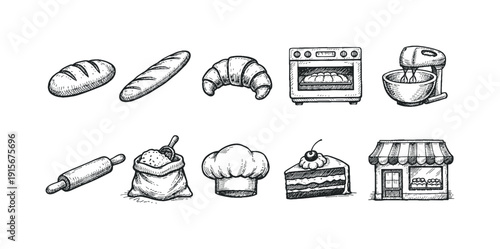 Bakery and pastry sketch icon set. Bread, cake, pastry linear collection.