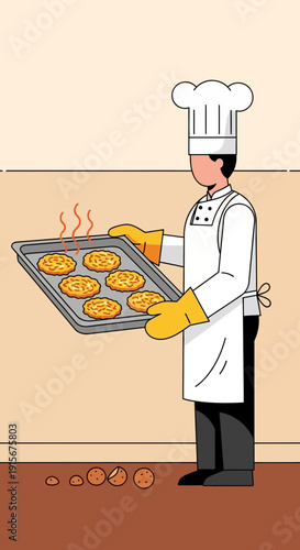Chef Preparing Freshly Baked Pastries From Oven Using Baking Sheet With Steaming Goods