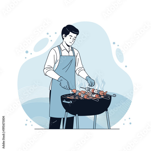 Chef Preparing Gourmet Kebabs On A Charcoal Grill For A Culinary Delight Outdoors