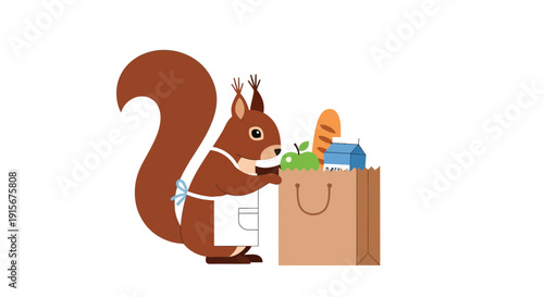 Charming Squirrel in Apron Unpacking Grocery Bag with Fresh Produce and Bread
