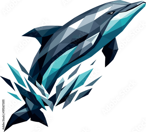 Futuristic Dolphin Leap. Low-poly vector illustration of a dolphin preparing to jump, streamlined angular posture just below the